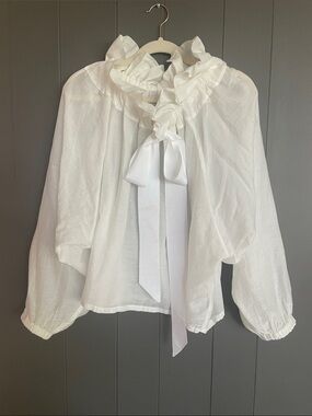 White Ruffle Tie-Neck Blouse - by Aquarius Cocktail